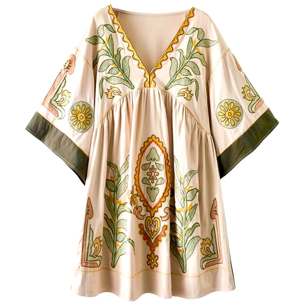 SundayUp Boho Babydoll Dress with Embroidery - V-neck 3/4 sleeve - NWOT
